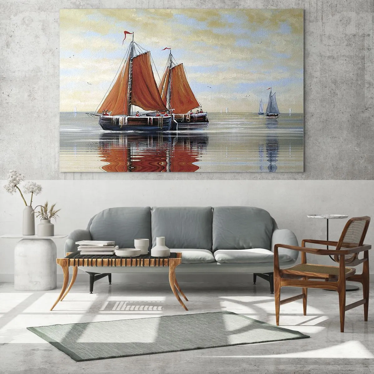 Glastavla - Bild på glas - Segelfartyg på ett lugnt hav vid solnedgången - 70x50cm - Hej, segla seglaren… - Modern väggdekoration för vardagsrum och sovrum ARTTOR