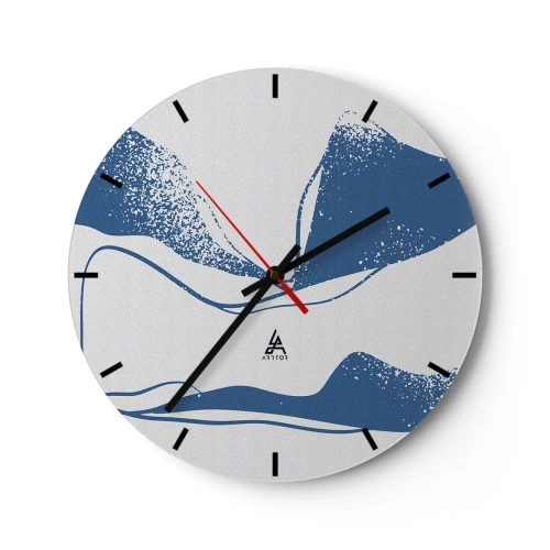 Väggklocka - Klocka på glas - Grafisk abstraktion med blå vingar på vit bakgrund - 30x30cm - Bevingad abstraktion - Modern väggdekoration för vardagsrum, kök och sovrum ARTTOR