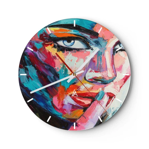 Väggklocka - Klocka på glas - Porträtt av en kvinna i abstrakt stil med livfulla färger - 30x30cm - Vår första hemlighet - Modern väggdekoration för vardagsrum, kök och sovrum ARTTOR