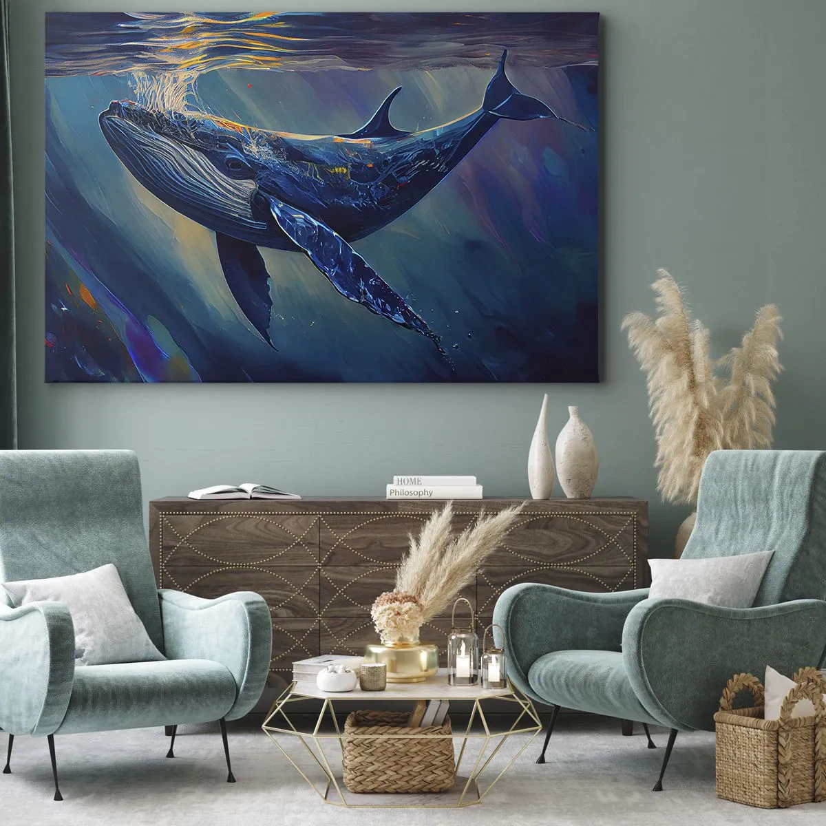Canvastavla - Bild på duk - En val i havets djup i lysande färger - 70x50cm - Välkommen till min värld - Modern väggdekoration för vardagsrum och sovrum ARTTOR