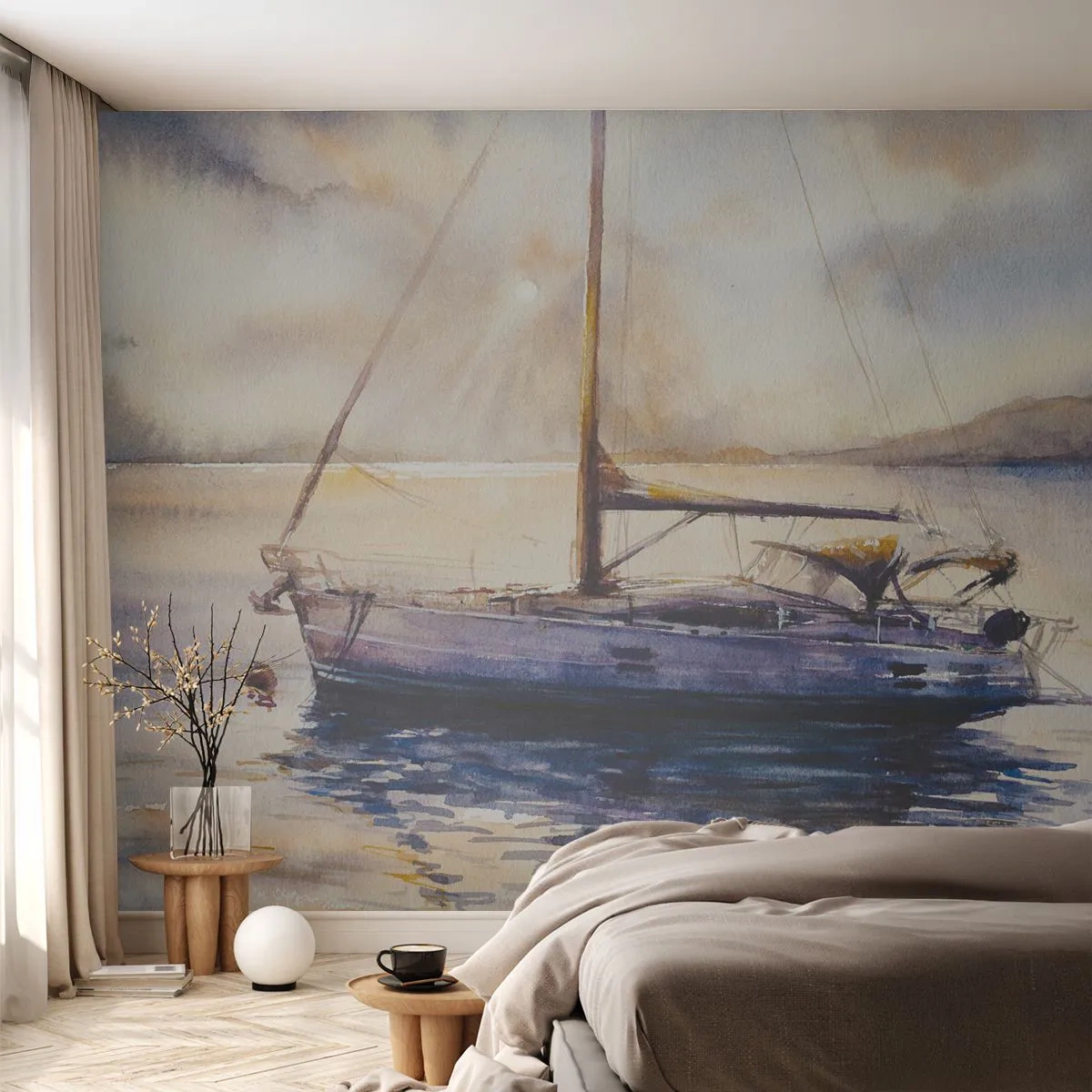 Fototapet Premium Sand - Kväll i viken - Segelbåt, Fiske, Seaside - 100x70 cm