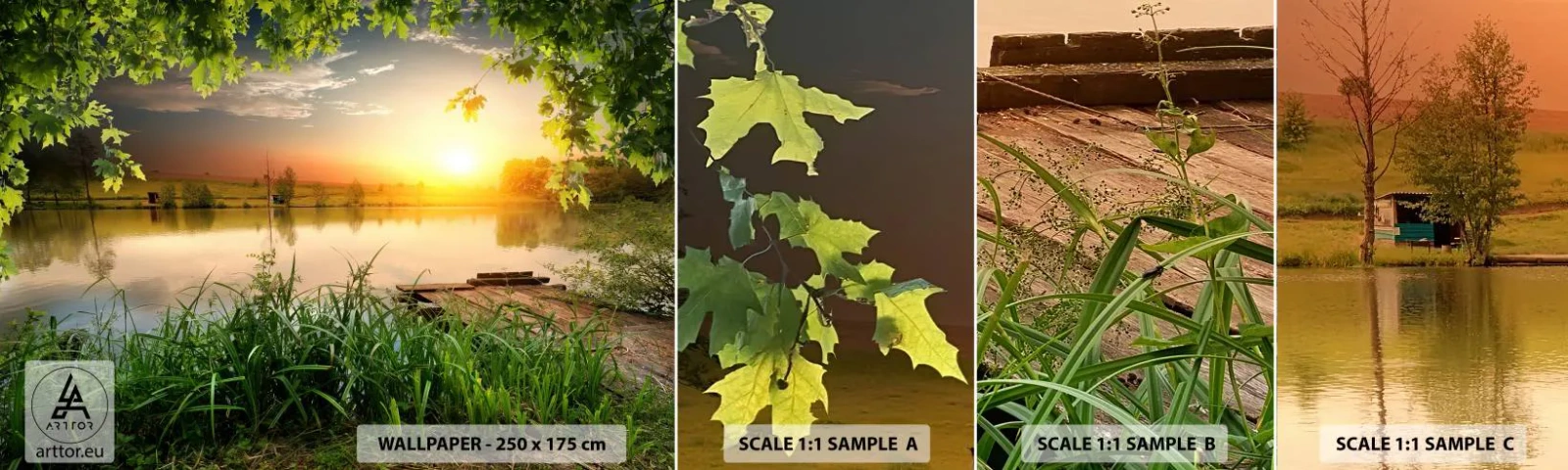 Provbit av självhäftande fototapet Deluxe Sticker - landskap i en grön ram - Landskap, Sjö, Träbro - 100x30 cm