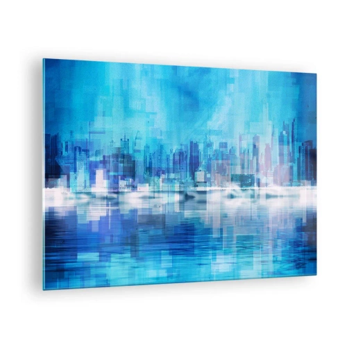Glastavla - Bild på glas - Ett modernt stadspanorama i nyanser av blått - 70x50cm - Försänkta i blått - Modern väggdekoration för vardagsrum och sovrum ARTTOR