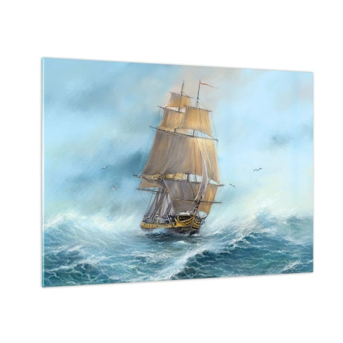 Glastavla - Bild på glas - Ett segelfartyg på ett stormigt hav i målerisk stil - 70x50cm - Vinkande genom vågorna - Modern väggdekoration för vardagsrum och sovrum ARTTOR