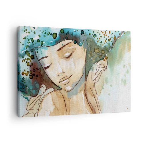 Canvastavla - Bild på duk - Porträtt av en kvinna i delikata akvarellfärger - 70x50cm - Lady in blue - Modern väggdekoration för vardagsrum och sovrum ARTTOR