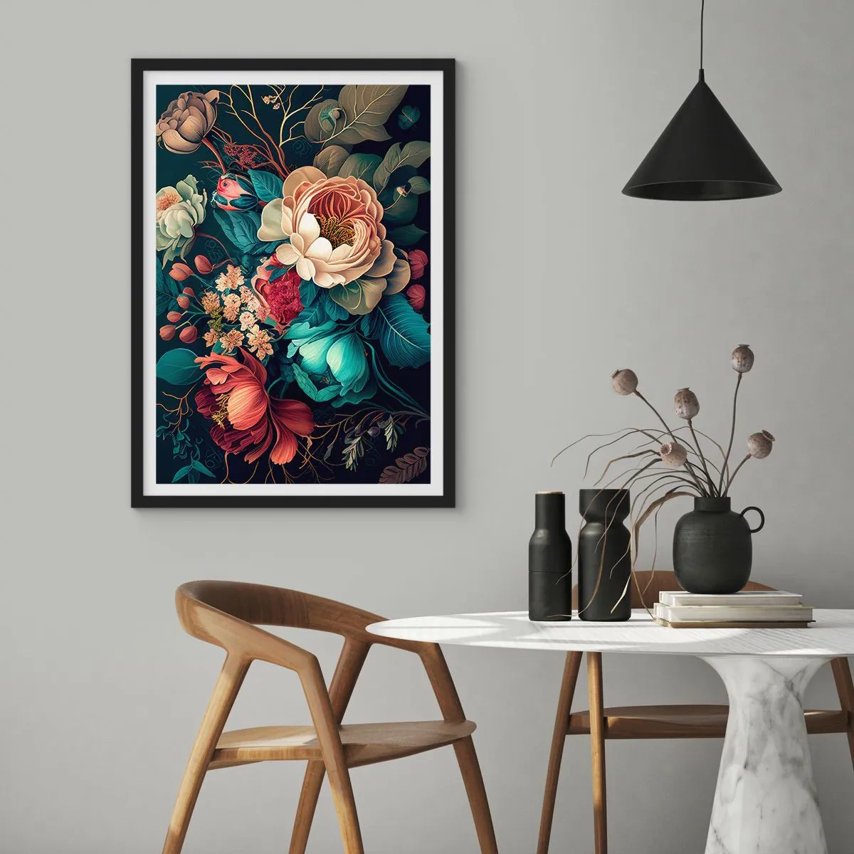 Affisch i svart ram - En blombukett i barockstil mot en mörk bakgrund - 50x70cm - Charm från 1800-talet - Modern väggdekoration för vardagsrum och sovrum ARTTOR