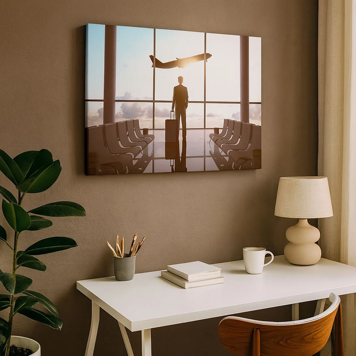 Canvastavla - Bild på duk - Affärsman på flygplatsen med ett flygplan i bakgrunden - 70x50cm - Du har tid, sakta ner - Modern väggdekoration för vardagsrum och sovrum ARTTOR