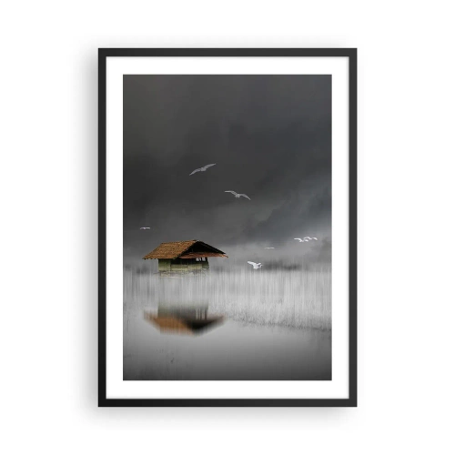 Affisch i svart ram - En husbåt omgiven av dimma med fåglar mot en mörk bakgrund - 50x70cm - Regnskydd - Modern väggdekoration för vardagsrum och sovrum ARTTOR