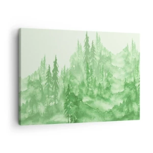 Canvastavla - Bild på duk - Grön skog i akvarellstil på en ljus bakgrund - 70x50cm - Suddig i grön dimma - Modern väggdekoration för vardagsrum och sovrum ARTTOR