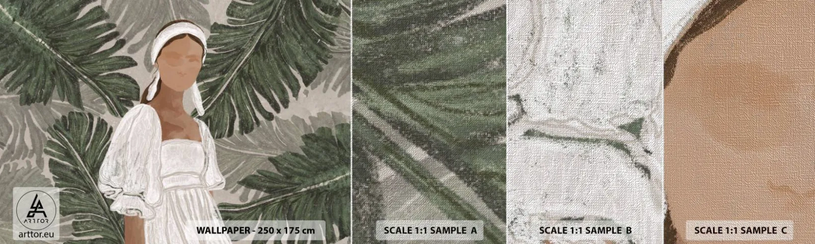 Provbit av fototapet Premium Canvas - Exotiskt porträtt - Boho, Kvinna, Löv - 100x30 cm