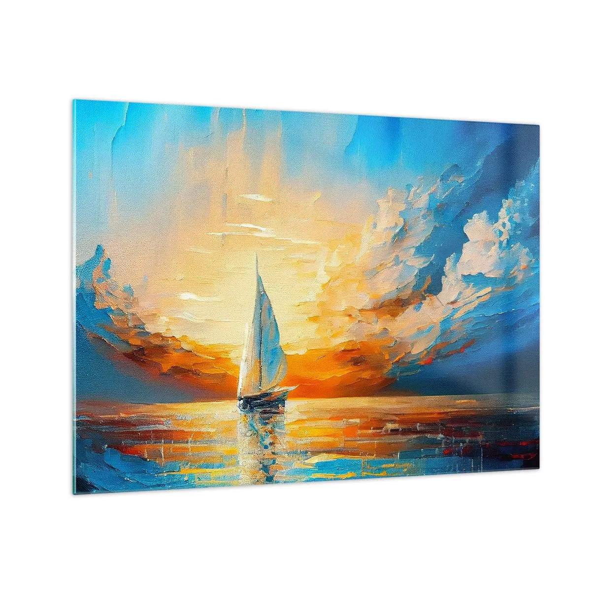 Glastavla - Bild på glas - En segelbåt till sjöss i ljuset av den nedgående solen - 70x50cm - Segla i gult - Modern väggdekoration för vardagsrum och sovrum ARTTOR