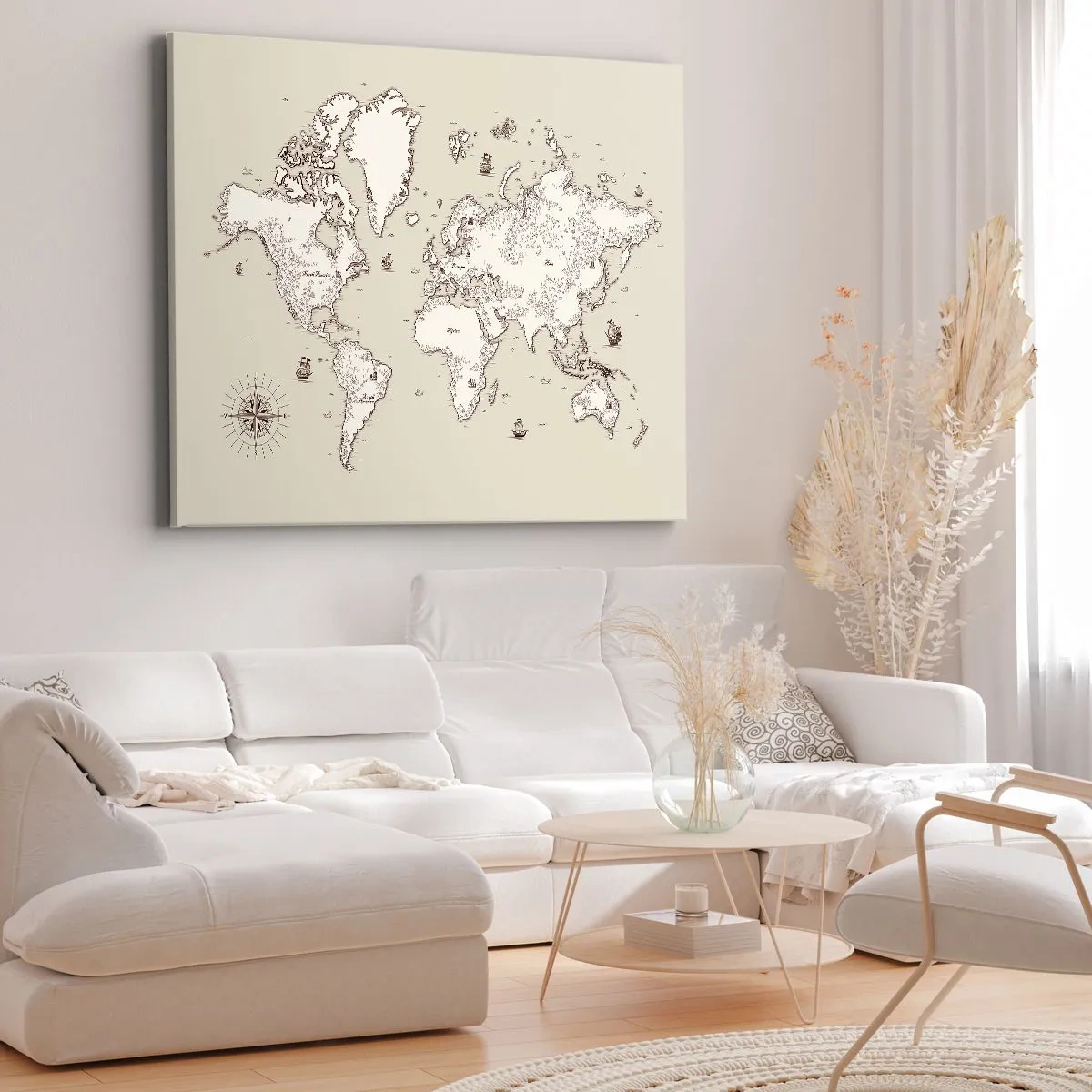 Canvastavla - Bild på duk - En stiliserad världskarta i nyanser av beige och brunt. - 70x50cm - Världen runt - Modern väggdekoration för vardagsrum och sovrum ARTTOR