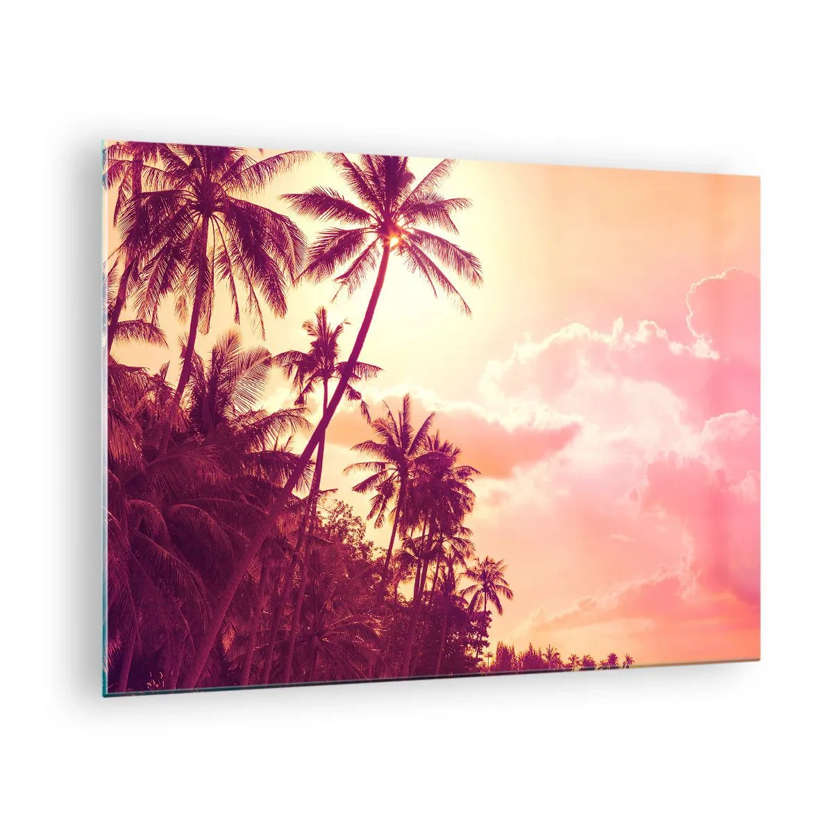 Glastavla - Bild på glas - Tropiska palmer i ljuset av den nedgående solen mot en rosa himmel - 70x50cm - Du måste välja - Modern väggdekoration för vardagsrum och sovrum ARTTOR