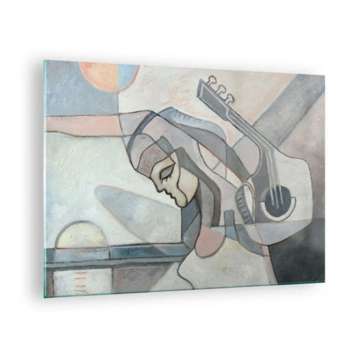 Glastavla - Bild på glas - Konstnärlig figur av en kvinna med en gitarr i pastellfärger - 70x50cm - I musikens makt - Modern väggdekoration för vardagsrum och sovrum ARTTOR