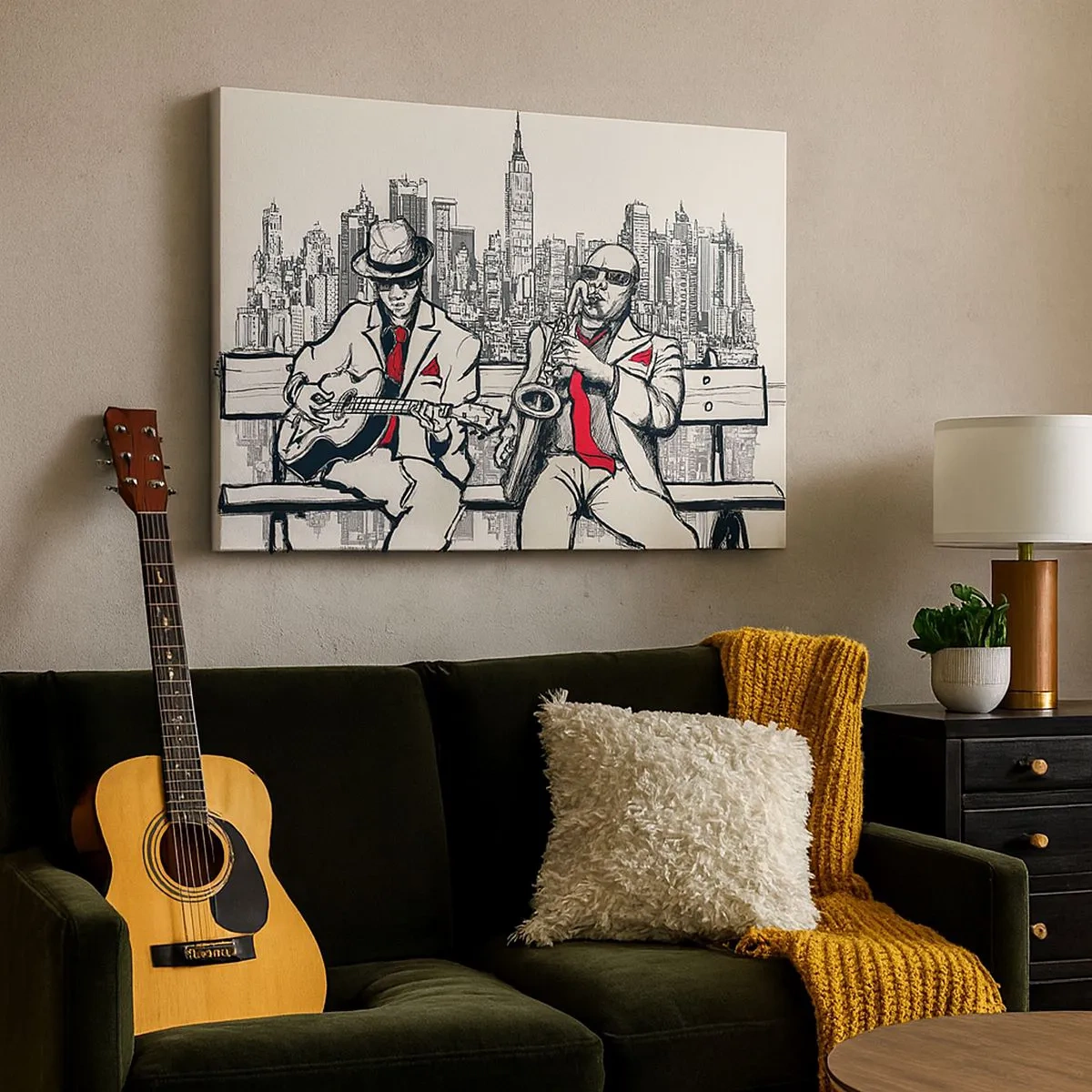 Canvastavla - Bild på duk - En jazzduo med saxofon och gitarr mot stadens bakgrund - 70x50cm - New Yorks improvisation - Modern väggdekoration för vardagsrum och sovrum ARTTOR