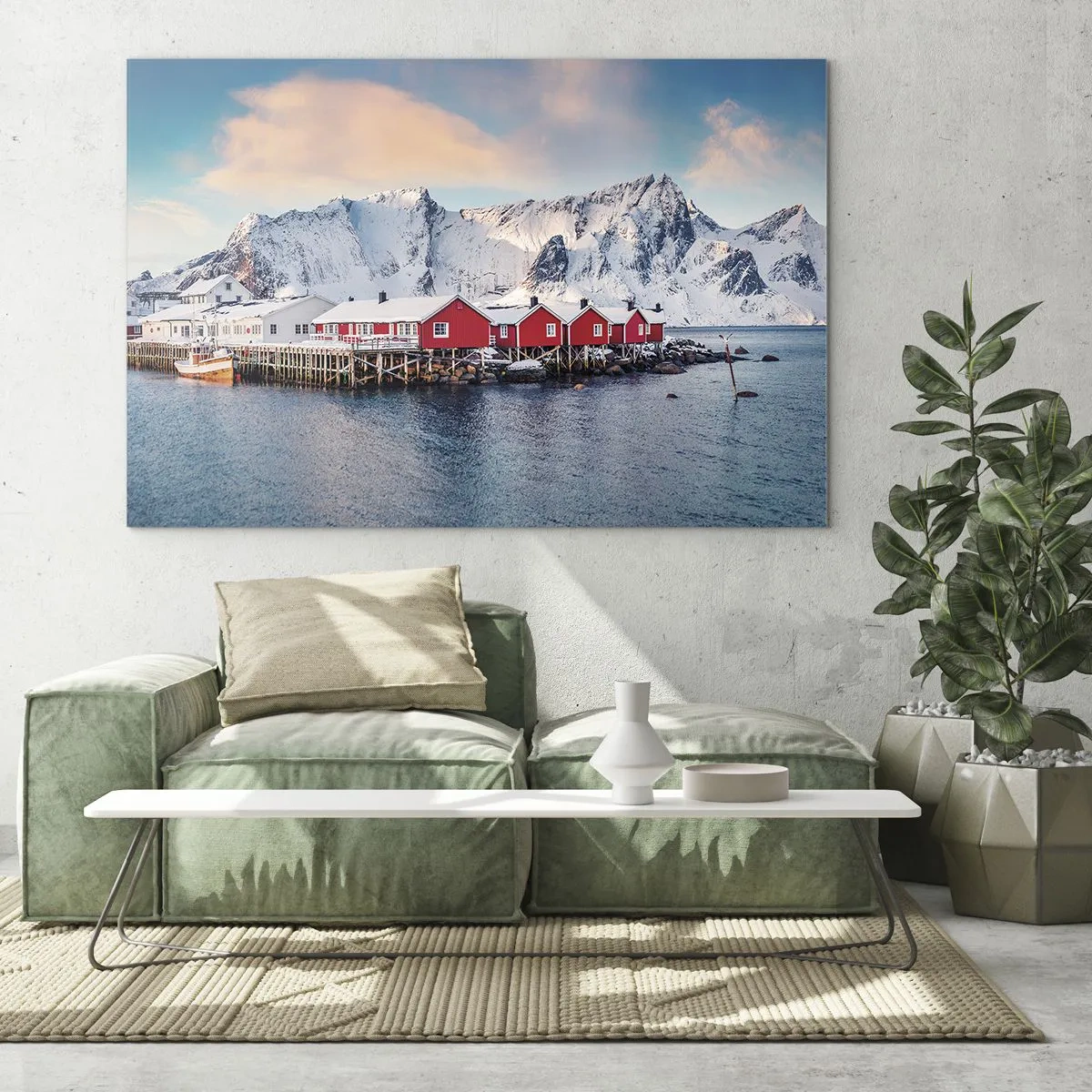 Glastavla - Bild på glas - Röda fiskestugor vid fjorden med berg i bakgrunden - 70x50cm - Nordligt gömställe - Modern väggdekoration för vardagsrum och sovrum ARTTOR