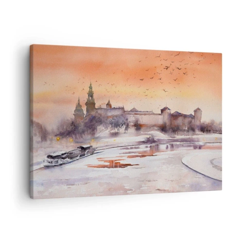 Canvastavla - Bild på duk - Solnedgång över slottet i ett vinterlandskap - 70x50cm - Kunglig solnedgång - Modern väggdekoration för vardagsrum och sovrum ARTTOR