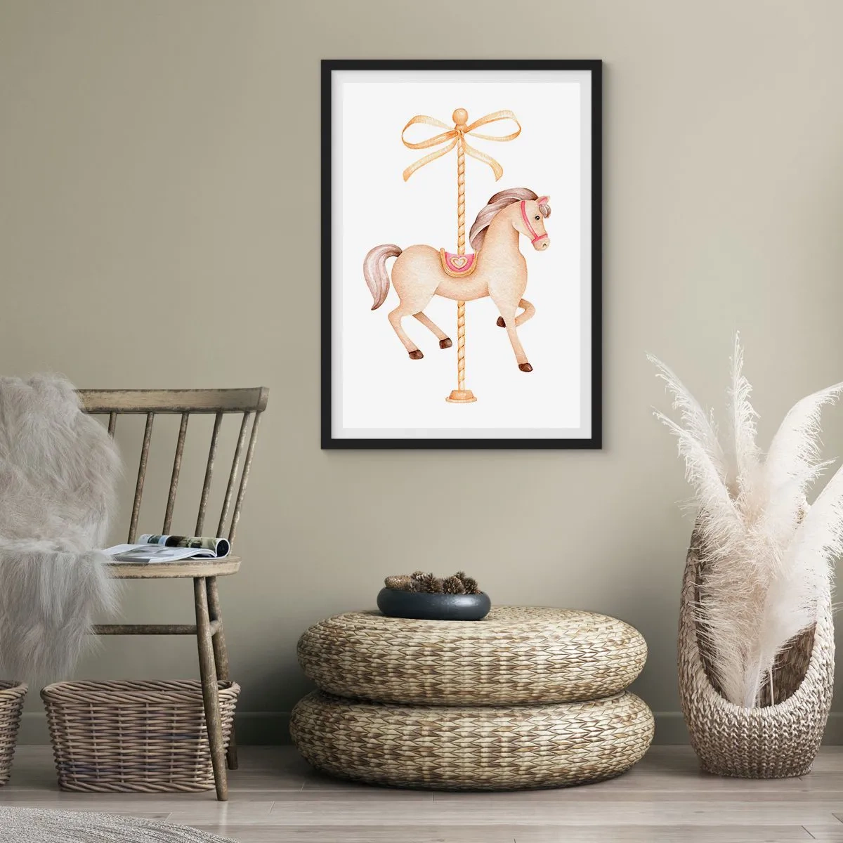 Affisch i svart ram - En delikat illustration av en karusellhäst i pasteller - 50x70cm - Med en graciös trav - Modern väggdekoration för vardagsrum och sovrum ARTTOR