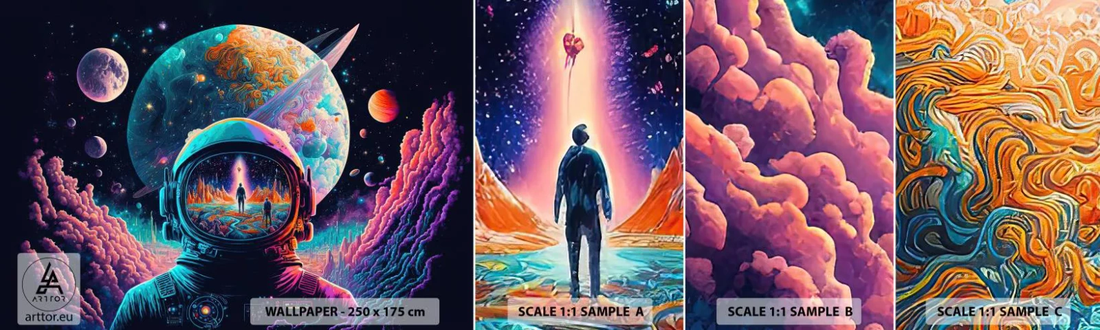 Provbit av självhäftande fototapet Deluxe Sticker - Filosofer har aldrig drömt - Astronaut, Futuristisk, Kosmos - 100x30 cm