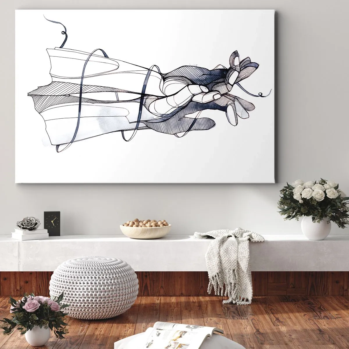 Canvastavla - Bild på duk - En subtil teckning av en hand med en delikat blomma - 70x50cm - Smekningens studie - Modern väggdekoration för vardagsrum och sovrum ARTTOR