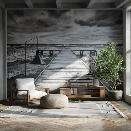 Självhäftande Fototapet Deluxe Sticker - Jag väntar på vind som blåser bort... - Landskap, Träbro, Hav - 200x140 cm