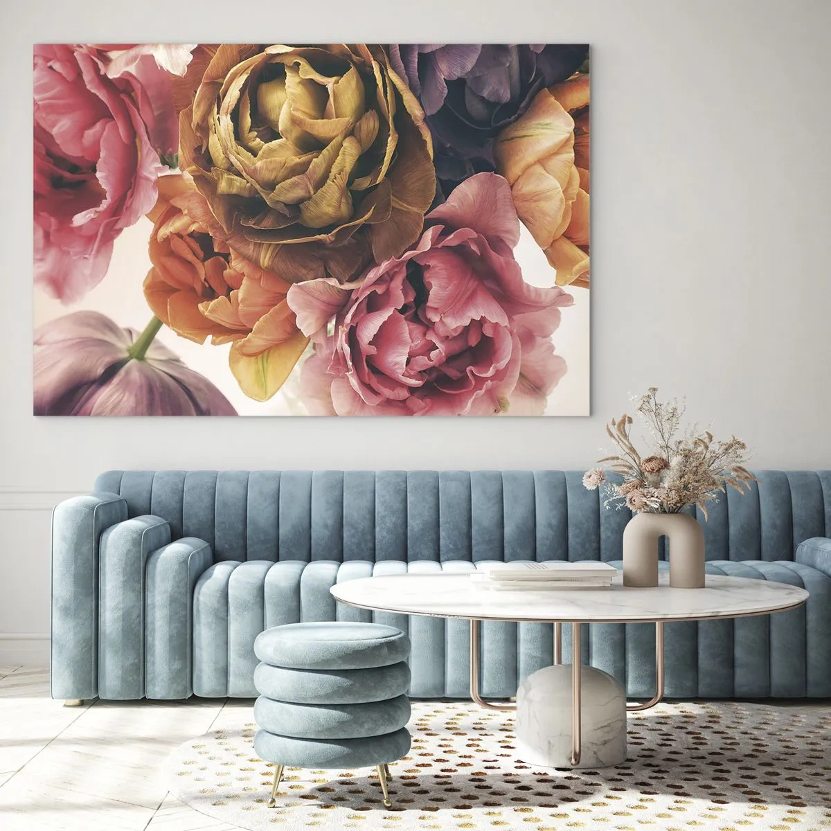 Glastavla - Bild på glas - En närbild av en bukett med flerfärgade blommor - 70x50cm - Livets högtid - Modern väggdekoration för vardagsrum och sovrum ARTTOR