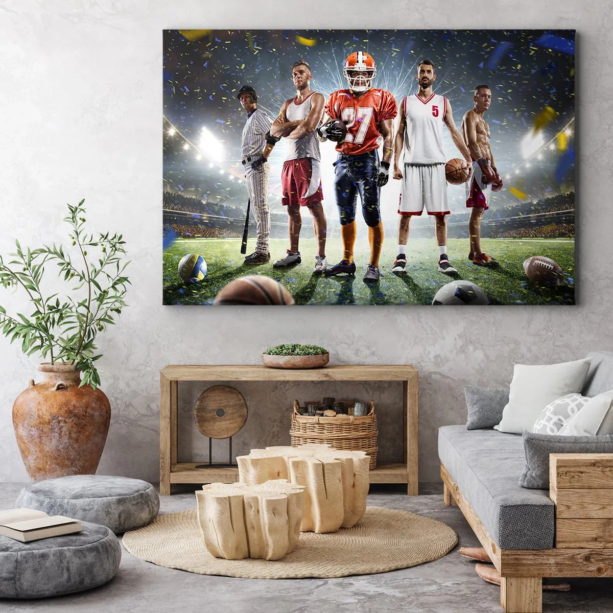 Canvastavla - Bild på duk - En dynamisk scen med idrottare från olika discipliner på stadion i rampljuset - 70x50cm - Arenornas gladiatorer - Modern väggdekoration för vardagsrum och sovrum ARTTOR