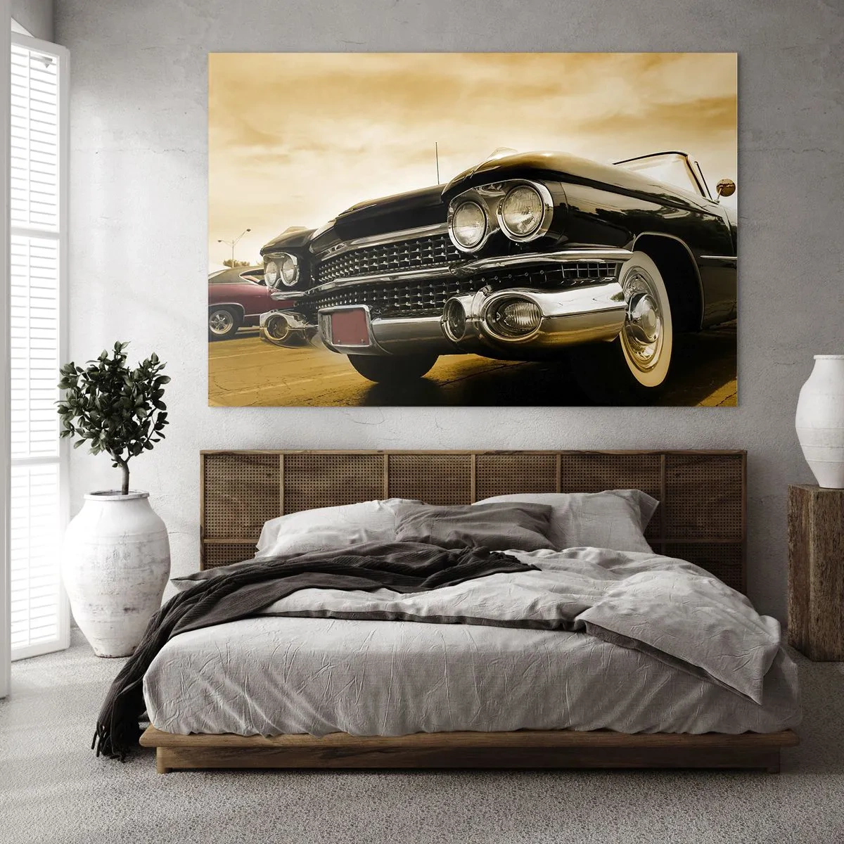 Glastavla - Bild på glas - Framsidan av en klassisk bil i elegant retrostil - 70x50cm - Klassiken blir aldrig gammal - Modern väggdekoration för vardagsrum och sovrum ARTTOR