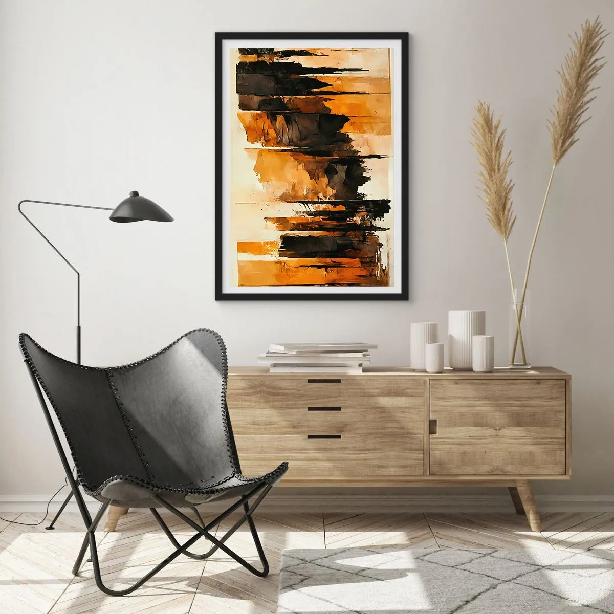 Affisch i svart ram - En abstrakt komposition i varma bruna och svarta nyanser. - 50x70cm - Harmoni av svart och guld - Modern väggdekoration för vardagsrum och sovrum ARTTOR