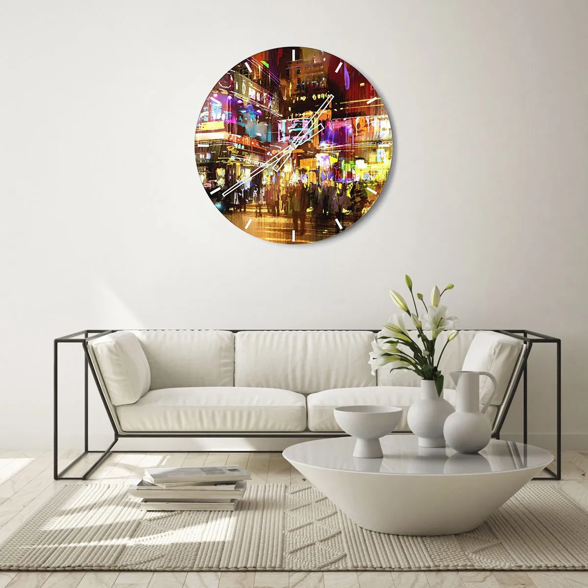 Väggklocka - Klocka på glas - Nattstadslandskap fullt av neonljus - 30x30cm - I ljushavet - Modern väggdekoration för vardagsrum, kök och sovrum ARTTOR