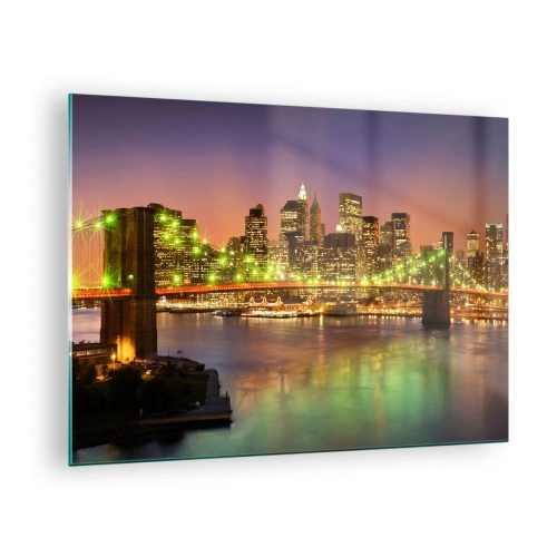 Glastavla - Bild på glas - Upplyst bro över floden med panoramautsikt över staden i skymningen - 70x50cm - Ljuset slocknar aldrig här - Modern väggdekoration för vardagsrum och sovrum ARTTOR