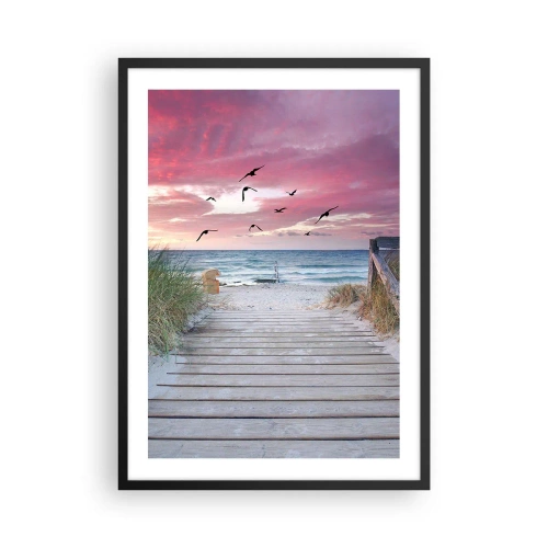 Affisch i svart ram - Trästig på stranden med utsikt över havet vid solnedgången - 50x70cm - Östersjöimpression - Modern väggdekoration för vardagsrum och sovrum ARTTOR