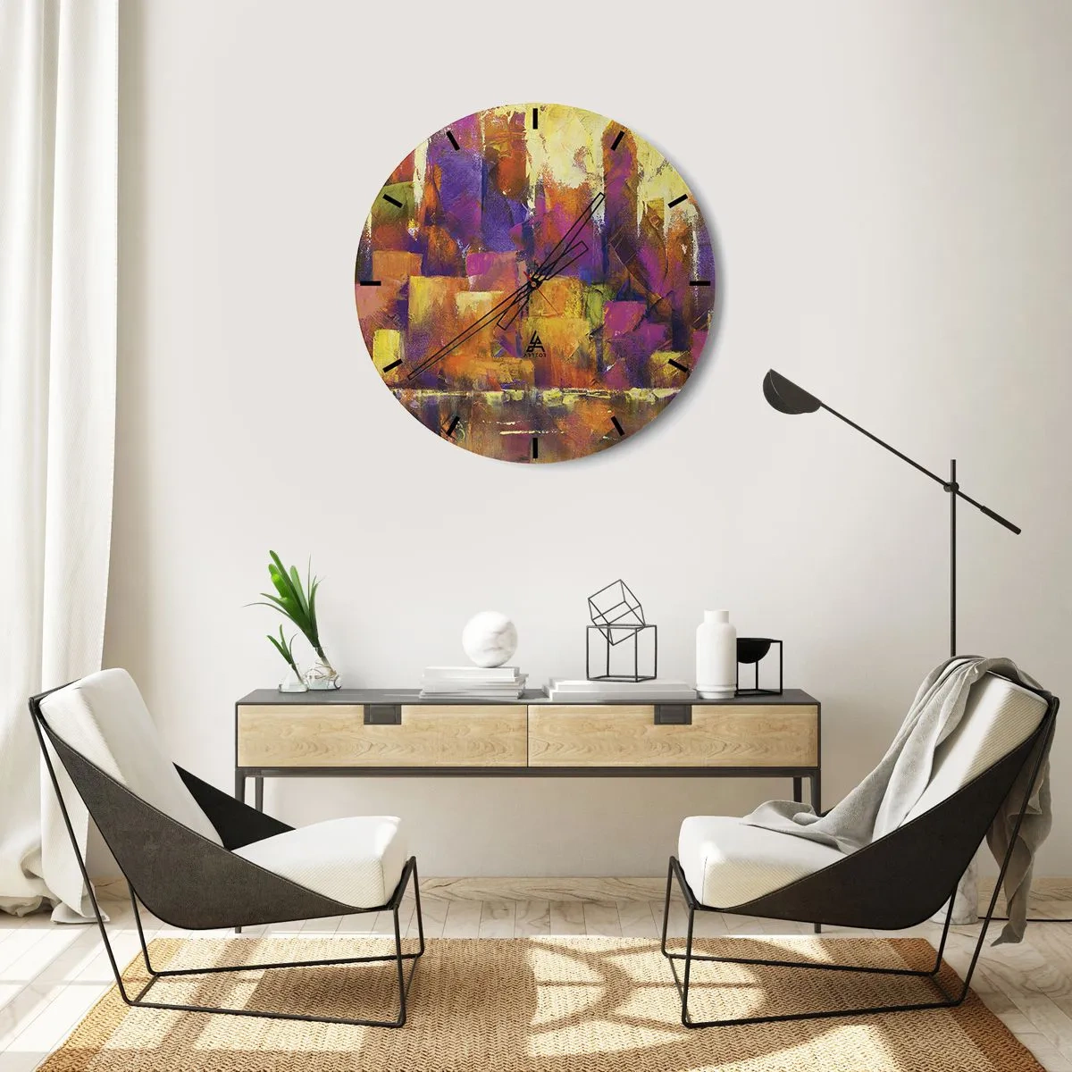 Väggklocka - Klocka på glas - En abstrakt komposition i nyanser av gult och lila. - 30x30cm - Metropolis komposition - Modern väggdekoration för vardagsrum, kök och sovrum ARTTOR