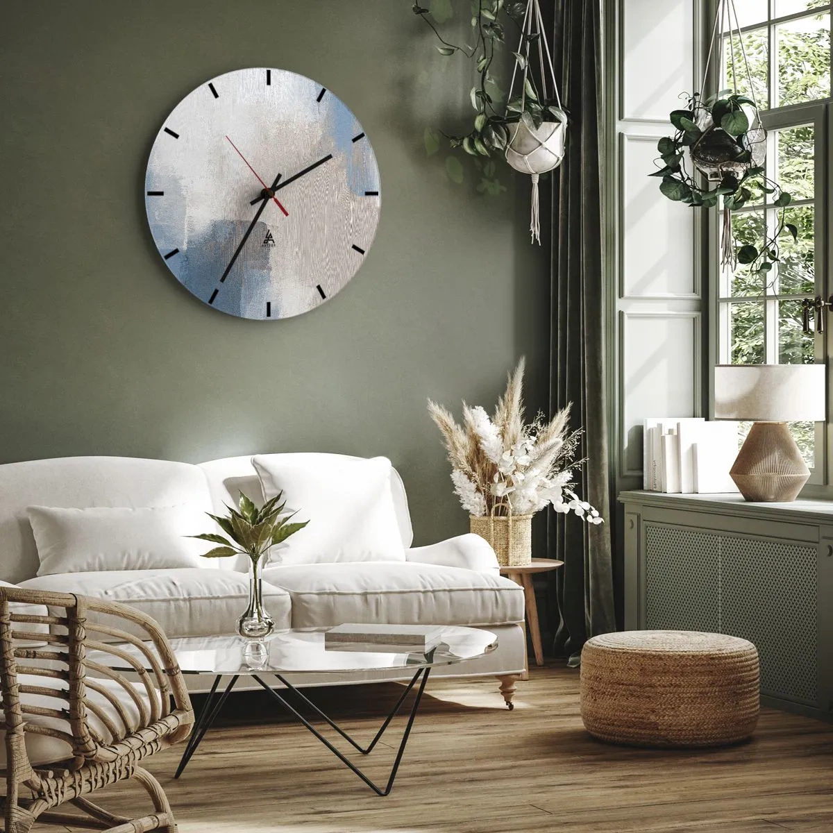 Väggklocka - Klocka på glas - Modern abstraktion i beige, blått och grått - 30x30cm - Rosa abstraktion bakom en blå slöja - Modern väggdekoration för vardagsrum, kök och sovrum ARTTOR