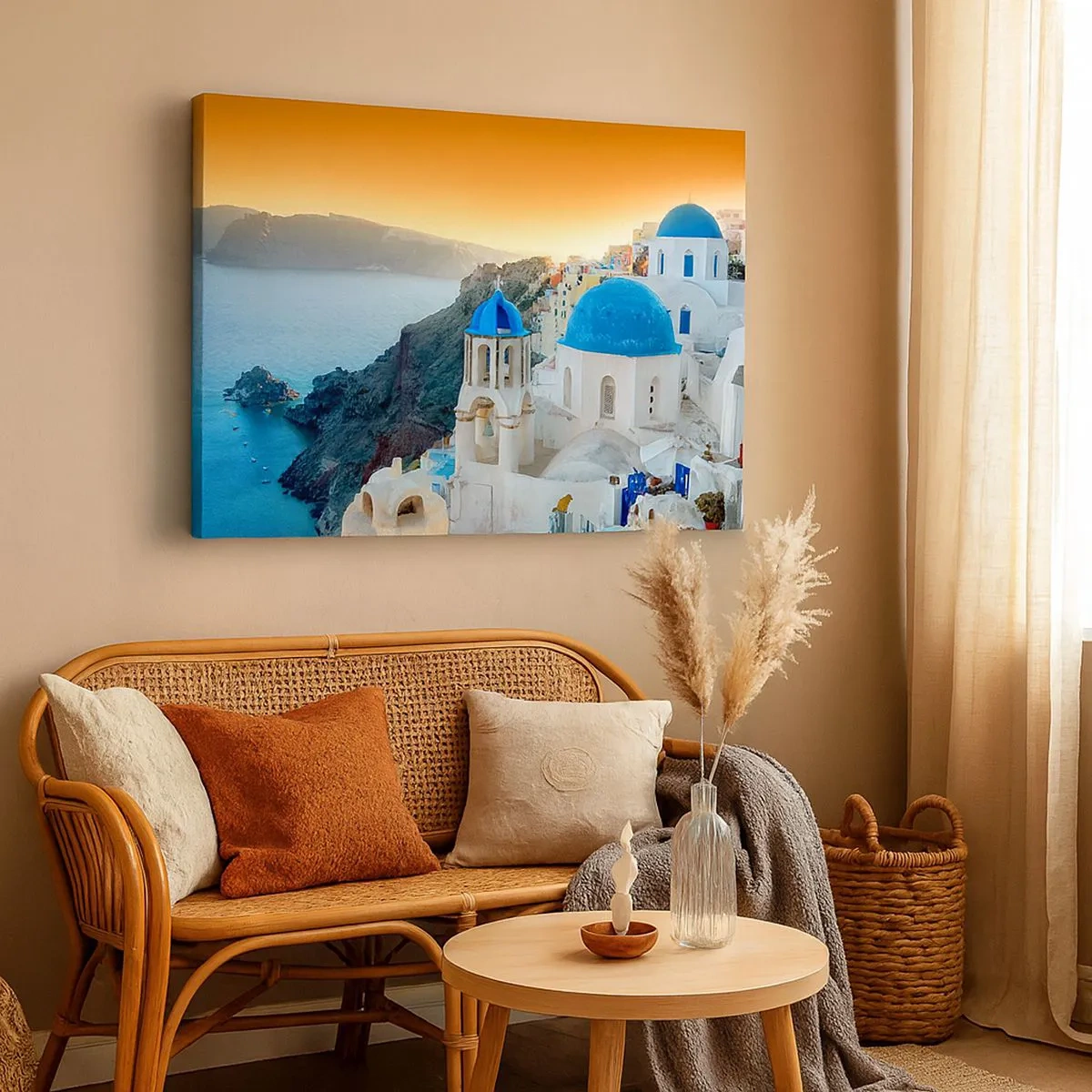 Canvastavla - Bild på duk - Utsikt över Santorini med vita byggnader och blått hav - 70x50cm - Santorini - inbäddat i berg - Modern väggdekoration för vardagsrum och sovrum ARTTOR