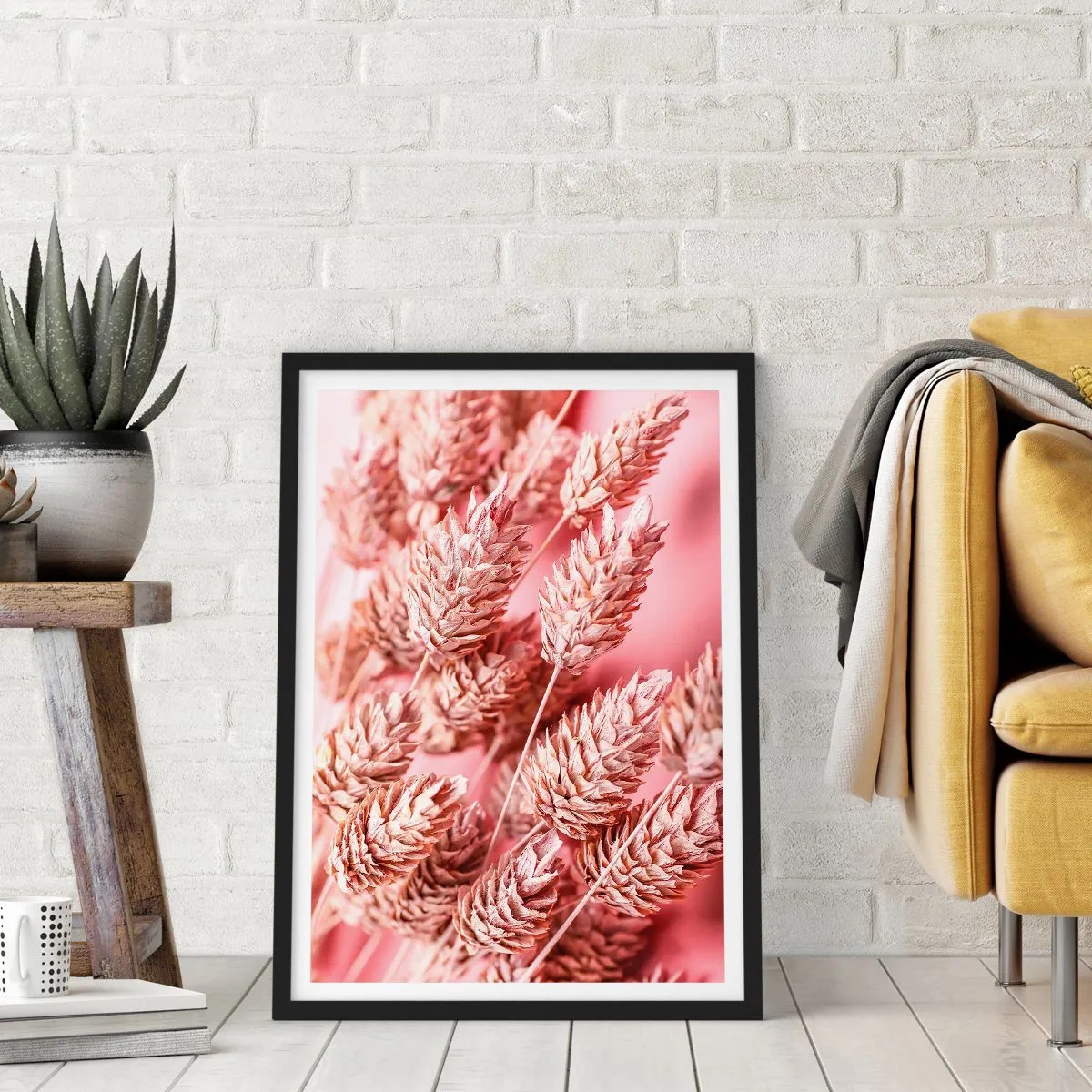 Affisch i svart ram - Närbild av torkade kornax på en rosa bakgrund - 50x70cm - Blomkaskad i rosa - Modern väggdekoration för vardagsrum och sovrum ARTTOR