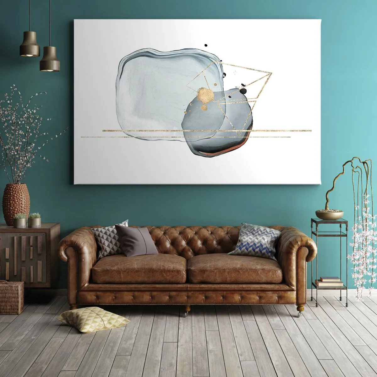 Canvastavla - Bild på duk - Abstrakta former i nyanser av blått och guld på vit bakgrund - 70x50cm - En studie av droppar - Modern väggdekoration för vardagsrum och sovrum ARTTOR
