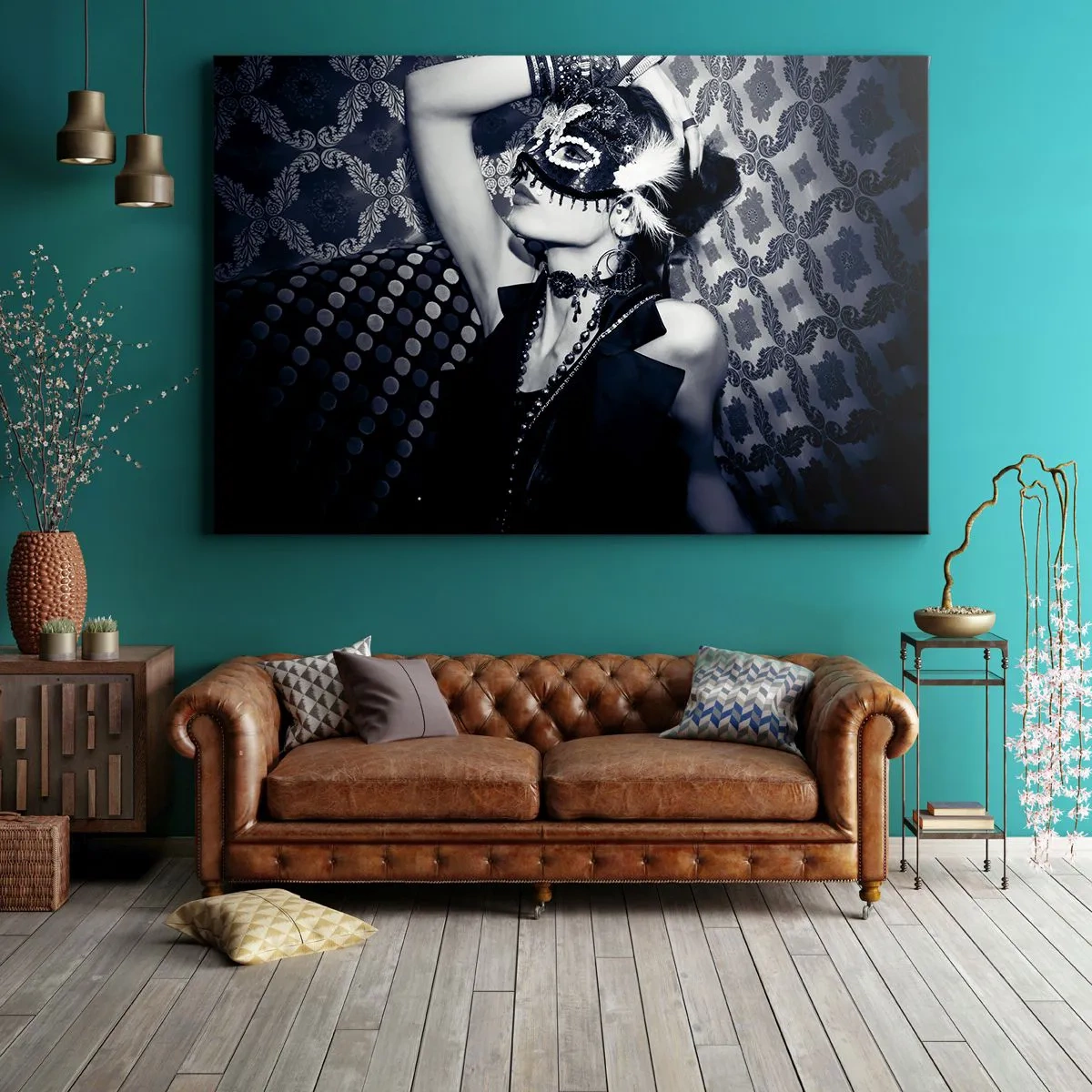 Canvastavla - Bild på duk - En kvinna i en venetiansk mask mot en bakgrund av utsmyckade mönster. - 70x50cm - Dekorationer, prydnader, nyanser... - Modern väggdekoration för vardagsrum och sovrum ARTTOR