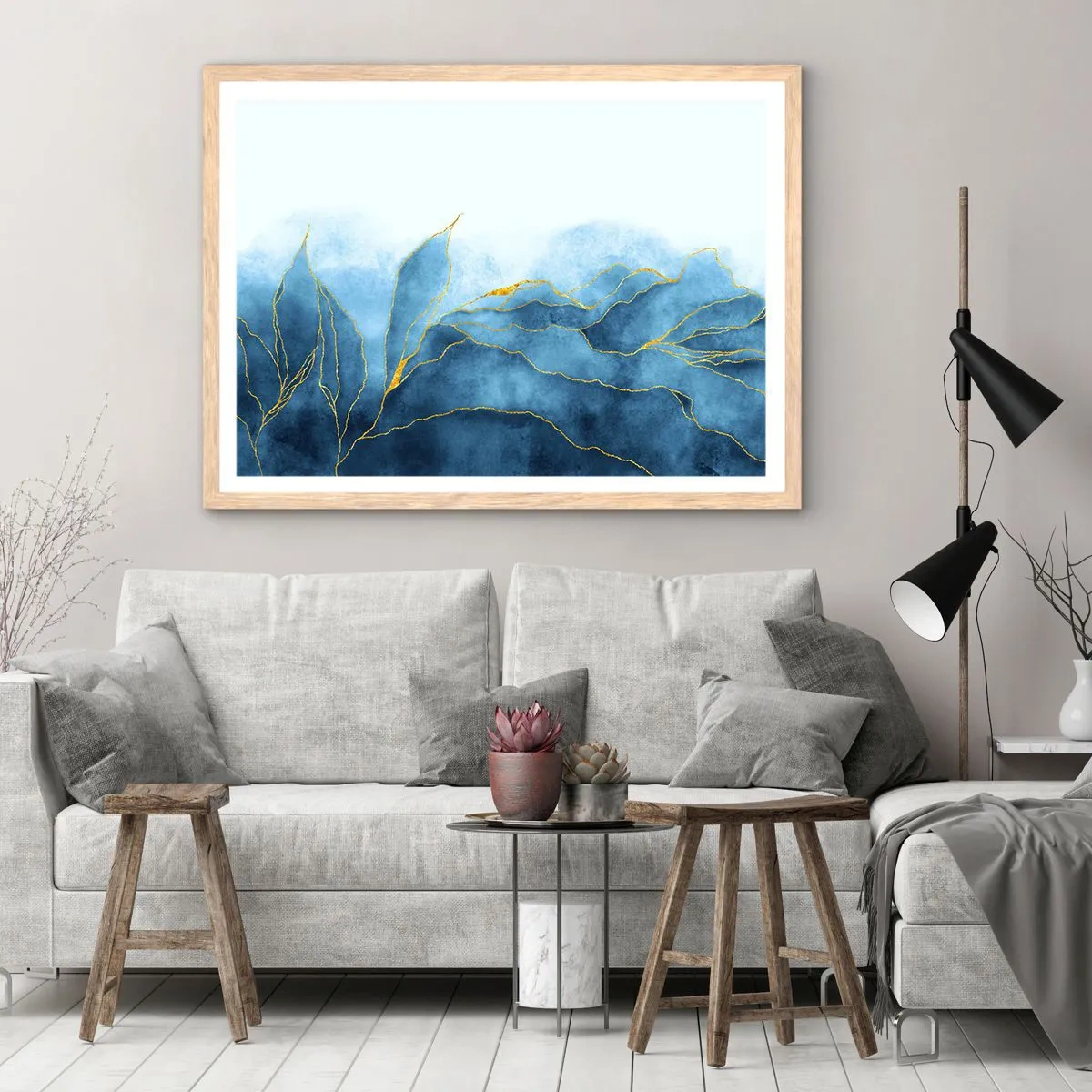 Affisch i ram av ljusek - Blått i guld - 100x70 cm