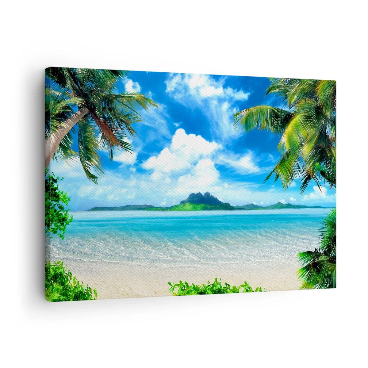 Canvastavla - Bild på duk - Tropisk strand med palmer och utsikt över ön - 70x50cm - Tropikens azur - Modern väggdekoration för vardagsrum och sovrum ARTTOR
