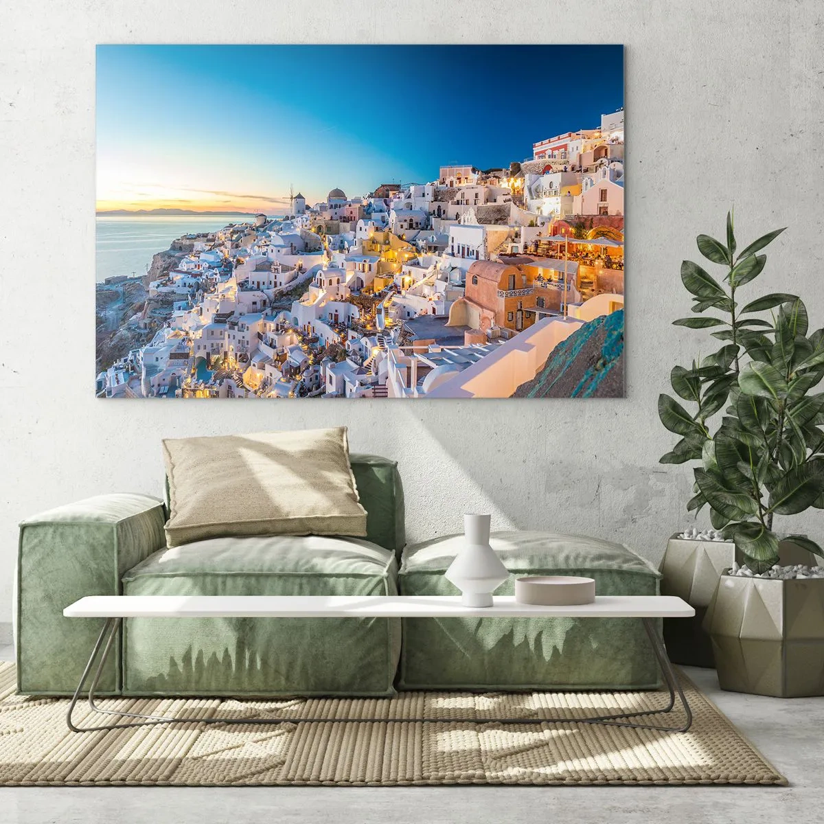 Glastavla - Bild på glas - Panorama över Santorini vid solnedgången - 70x50cm - Grekhetens essäns - Modern väggdekoration för vardagsrum och sovrum ARTTOR