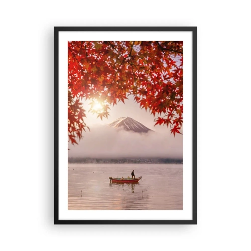 Affisch i svart ram - Mount Fuji med en båt på en sjö och höstlöv - 50x70cm - I japansk stämning - Modern väggdekoration för vardagsrum och sovrum ARTTOR
