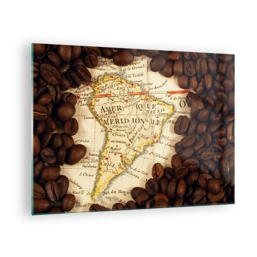 Glastavla - Bild på glas - En karta över Sydamerika omgiven av kaffebönor. - 70x50cm - Varifrån kommer det bästa kaffet? - Modern väggdekoration för vardagsrum och sovrum ARTTOR