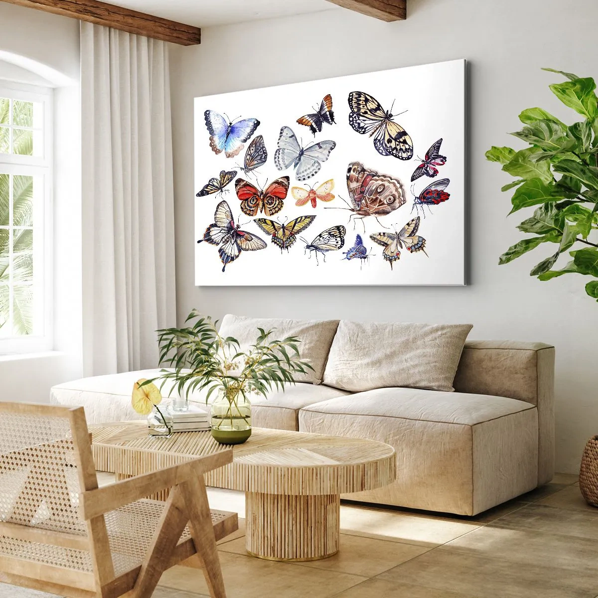 Canvastavla - Bild på duk - Färgglada fjärilar på en vit bakgrund - 70x50cm - Färgglada fjärilar - Modern väggdekoration för vardagsrum och sovrum ARTTOR