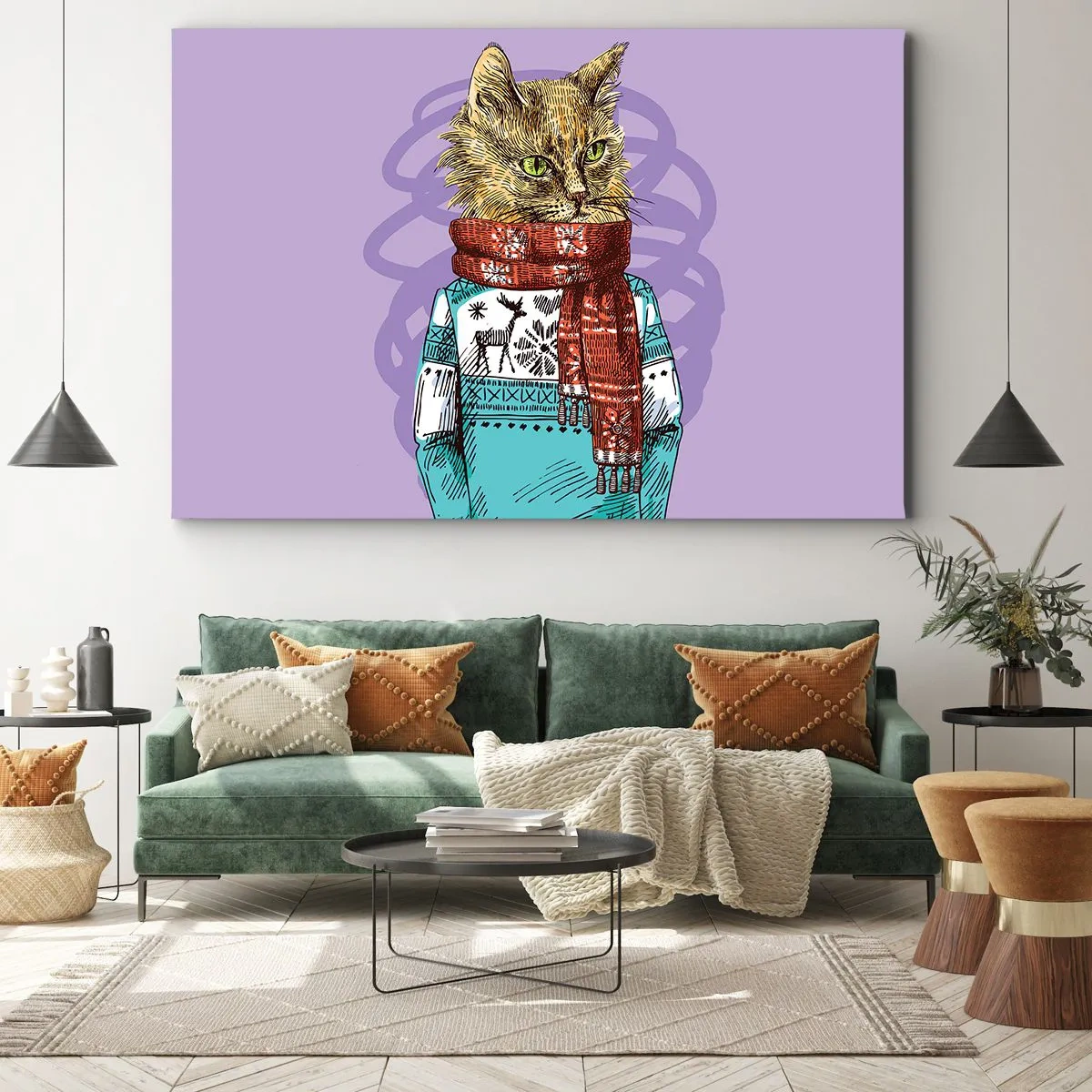 Canvastavla - Bild på duk - En katt i en tröja och halsduk på en lila bakgrund - 70x50cm - Mästerkatten - Modern väggdekoration för vardagsrum och sovrum ARTTOR