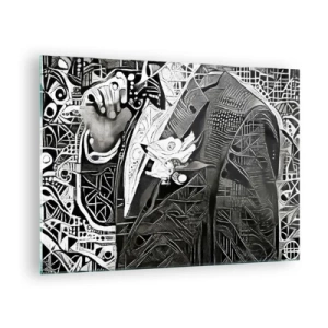 Glastavla - Bild på glas - Svartvit abstraktion med geometriska mönster - 70x50cm - Gråmänniska? - Modern väggdekoration för vardagsrum och sovrum ARTTOR