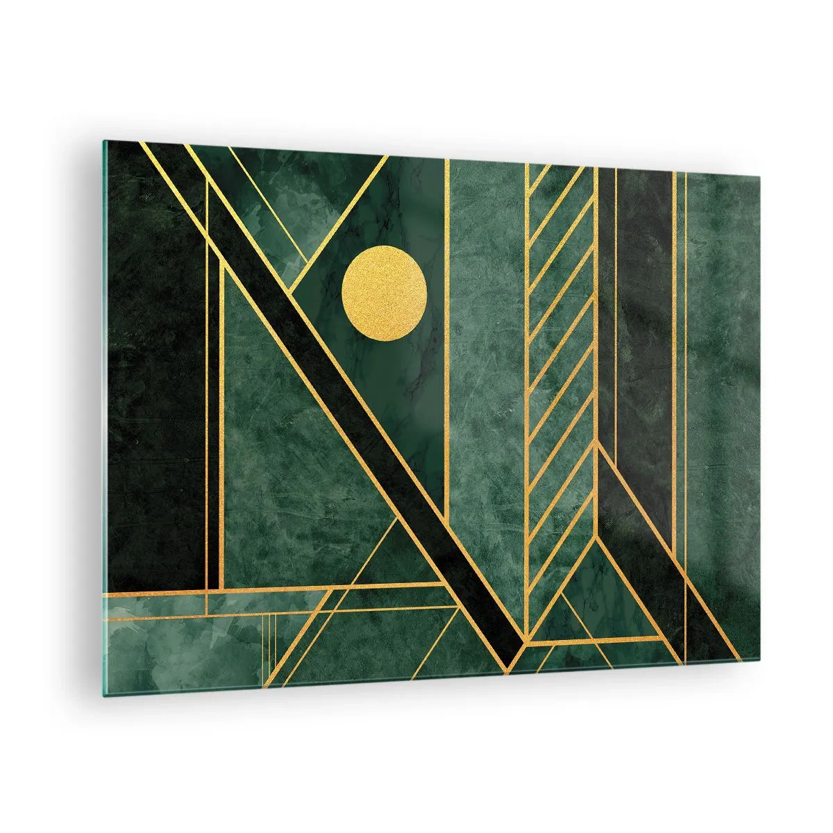 Glastavla - Bild på glas - Grön och guld geometrisk abstraktion i art déco-stil - 70x50cm - Dynamik av guld och azurblå - Modern väggdekoration för vardagsrum och sovrum ARTTOR