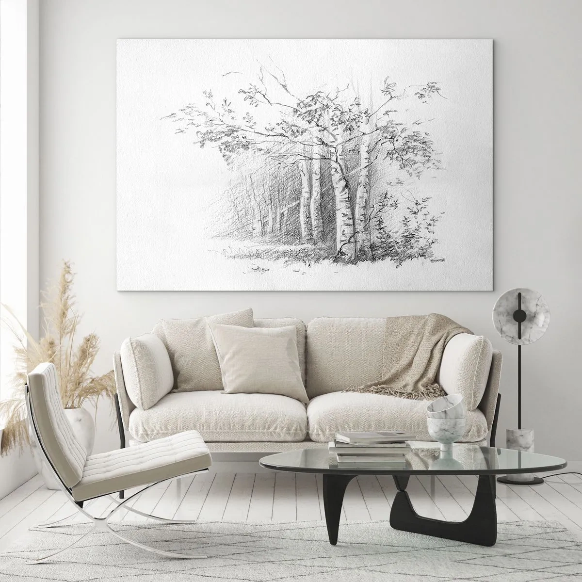 Glastavla - Bild på glas - Björkskogens ljus - 120x80 cm