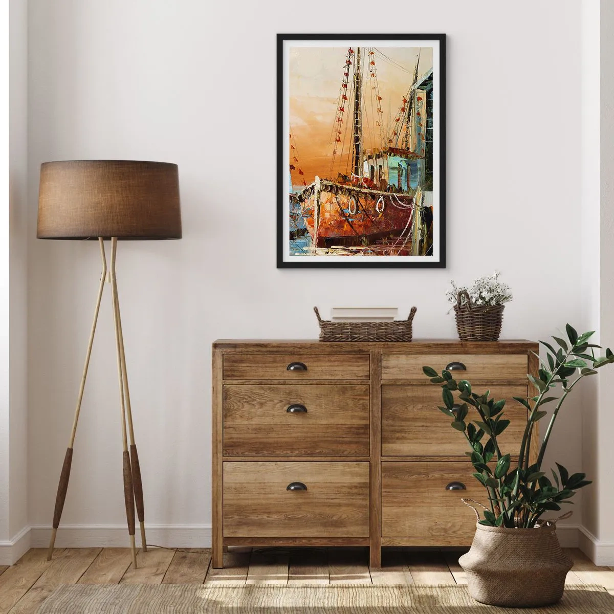 Affisch i svart ram - Ett segelfartyg mot bakgrund av den nedgående solen - 50x70cm - Lugn hemresa - Modern väggdekoration för vardagsrum och sovrum ARTTOR