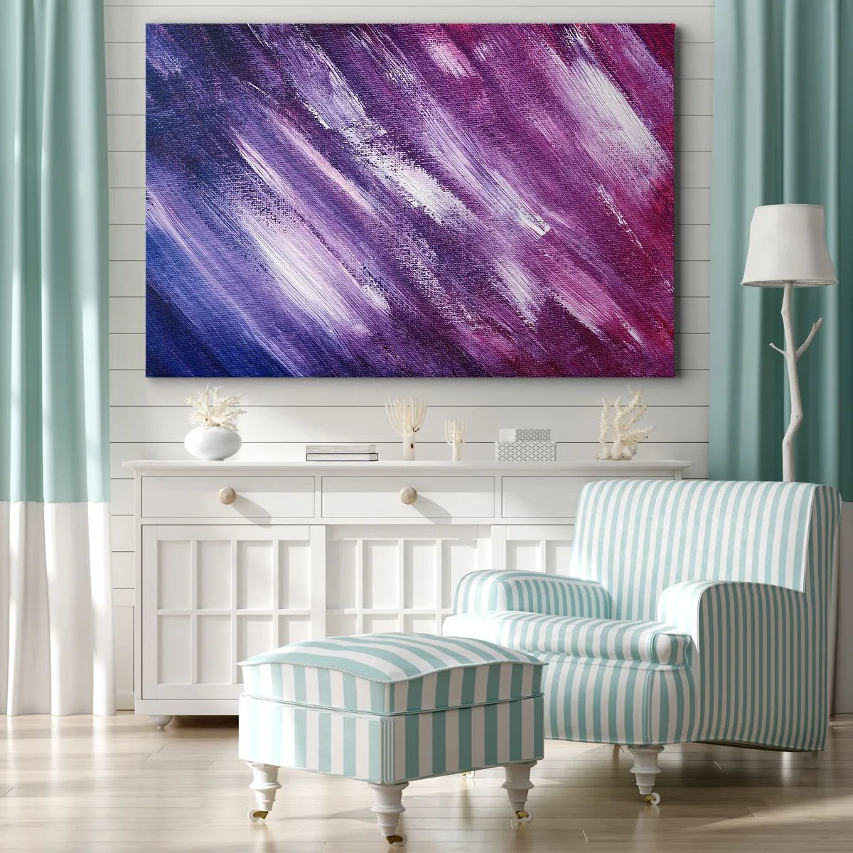 Canvastavla - Bild på duk - Abstrakta penseldrag i nyanser av lila och rosa - 70x50cm - När solig vind blåser - Modern väggdekoration för vardagsrum och sovrum ARTTOR
